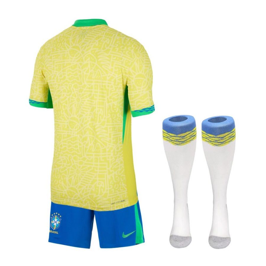 maillot-enfant-bresil-domicile-2024-jaune-et-vert-tenue-de-football koszulka dziecięca Brazylia domowa 2024 żółto-zielony strój piłkarski