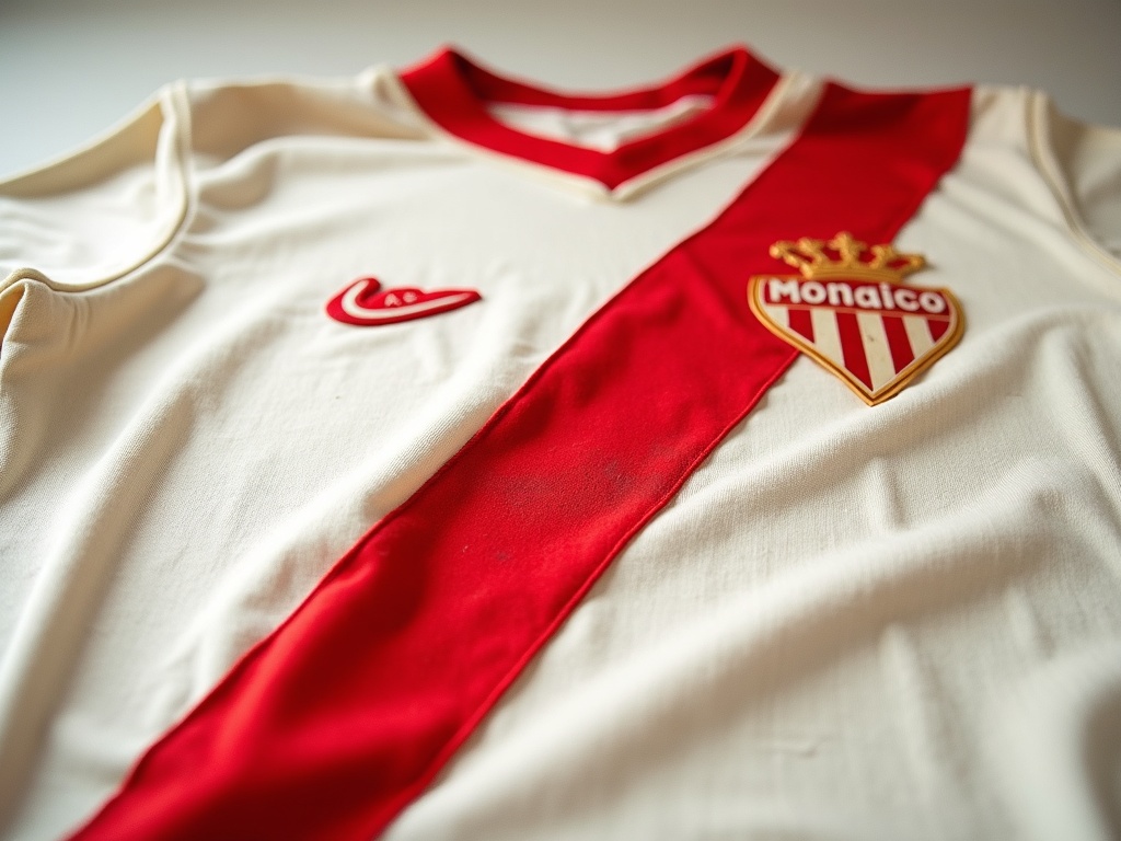 Historyczna koszulka AS Monaco z lat 60. z charakterystycznym czerwonym pasem