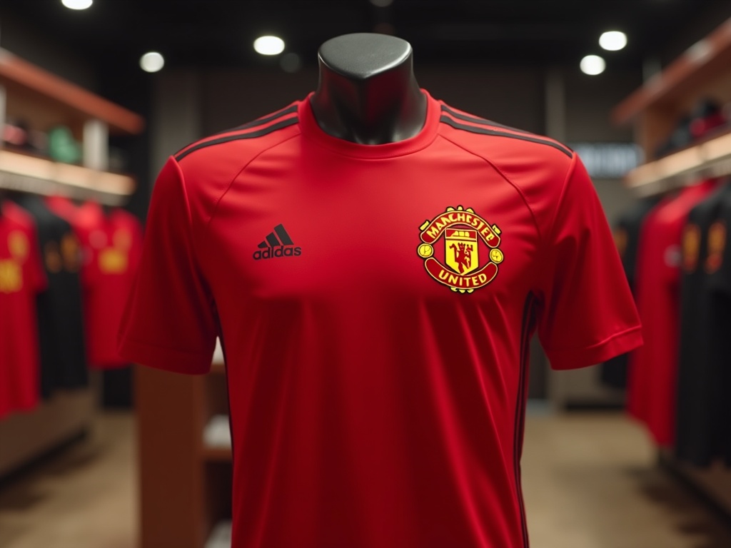 Czerwona koszulka piłkarska Manchester United na manekinie w oficjalnym sklepie