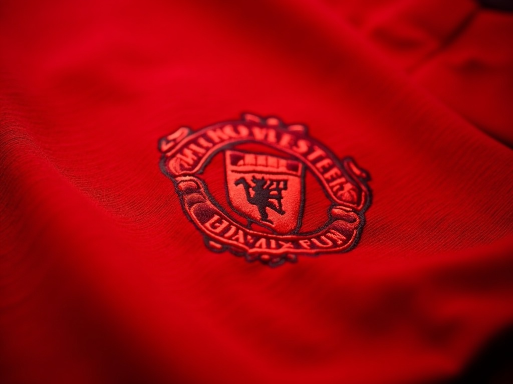 Zbliżenie na materiał i haftowany herb oficjalnej koszulki piłkarskiej Manchester United
