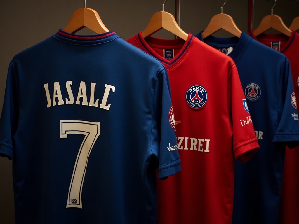Kolekcja koszulek PSG vintage z nadrukiem gracza zawieszonych na drewnianym wieszaku
