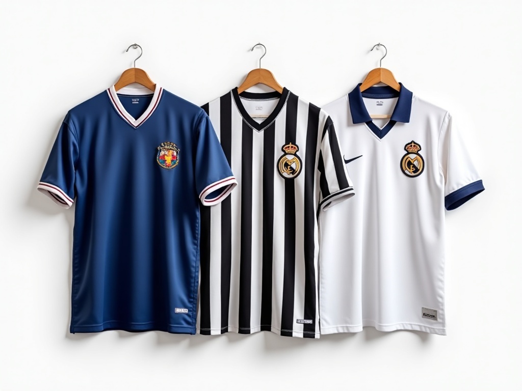 Kolekcja kultowych koszulek piłkarskich z lat 1990-2000, w tym koszulki Francji, Juventusu i Realu Madryt