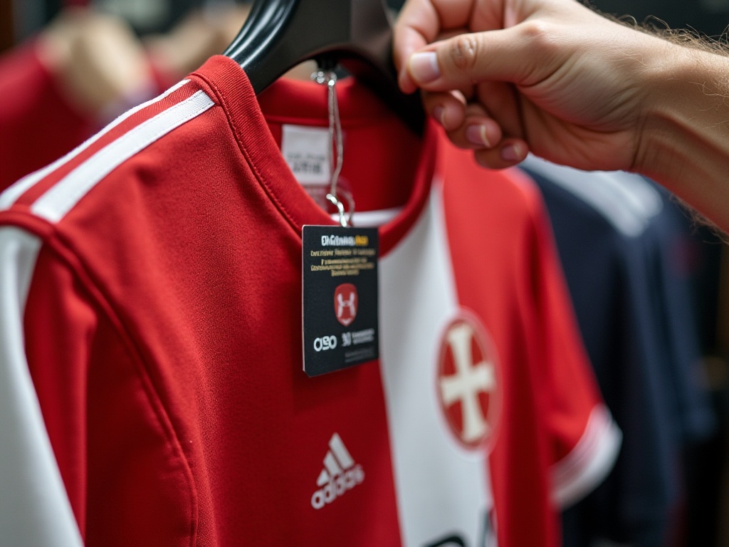 Naklejka autentyczności na oficjalnej koszulce piłkarskiej na wyprzedaży