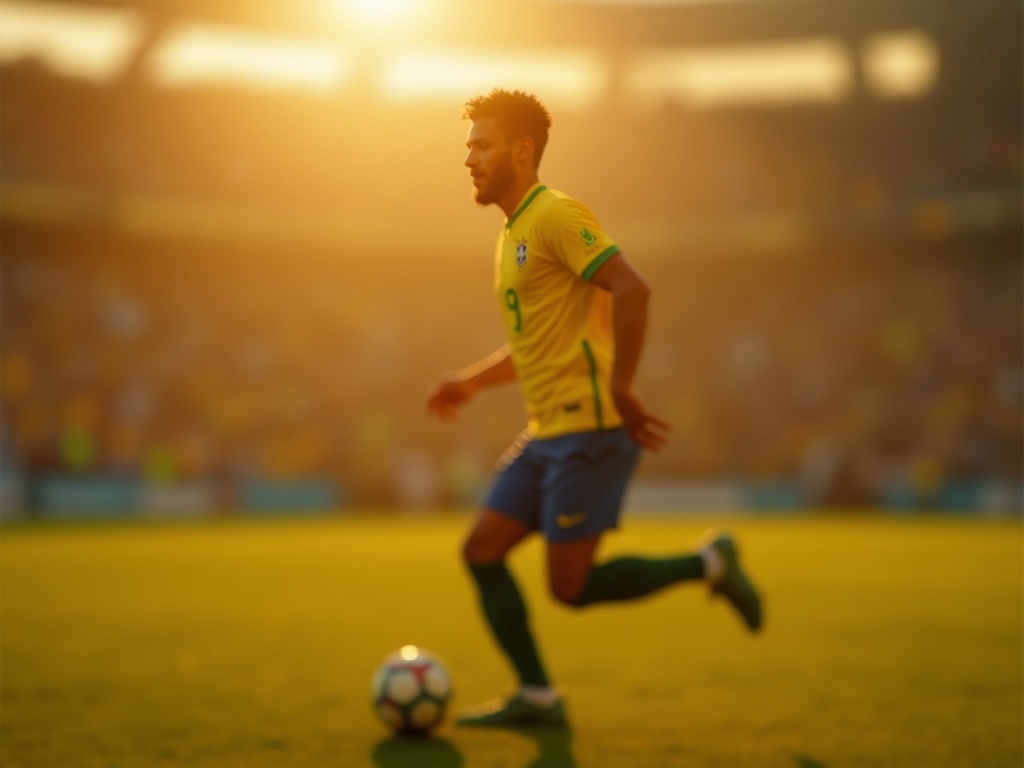 Brazylijski zawodnik w żółtej koszulce Brazylia 2026 z numerem 7 podczas dryblingu
