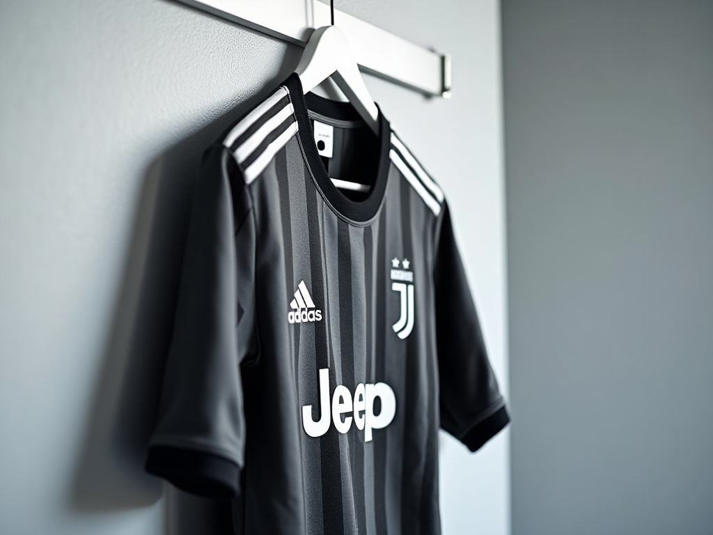 Oficjalna koszulka Juventus 2026 czarno-biała na wieszaku
