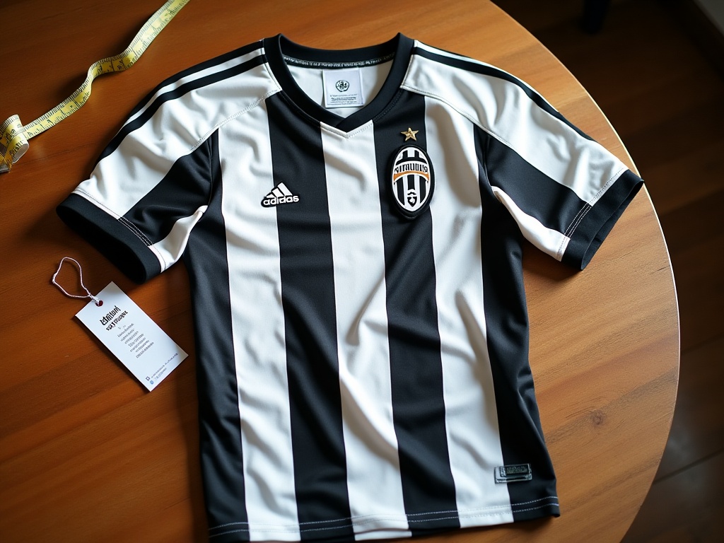 Koszulka Juventus położona na płasko z metką cenową na drewnianym stole