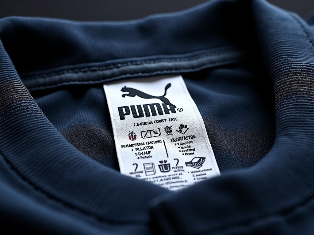 Wewnętrzna metka koszulki Puma z kodem SKU i składem materiału