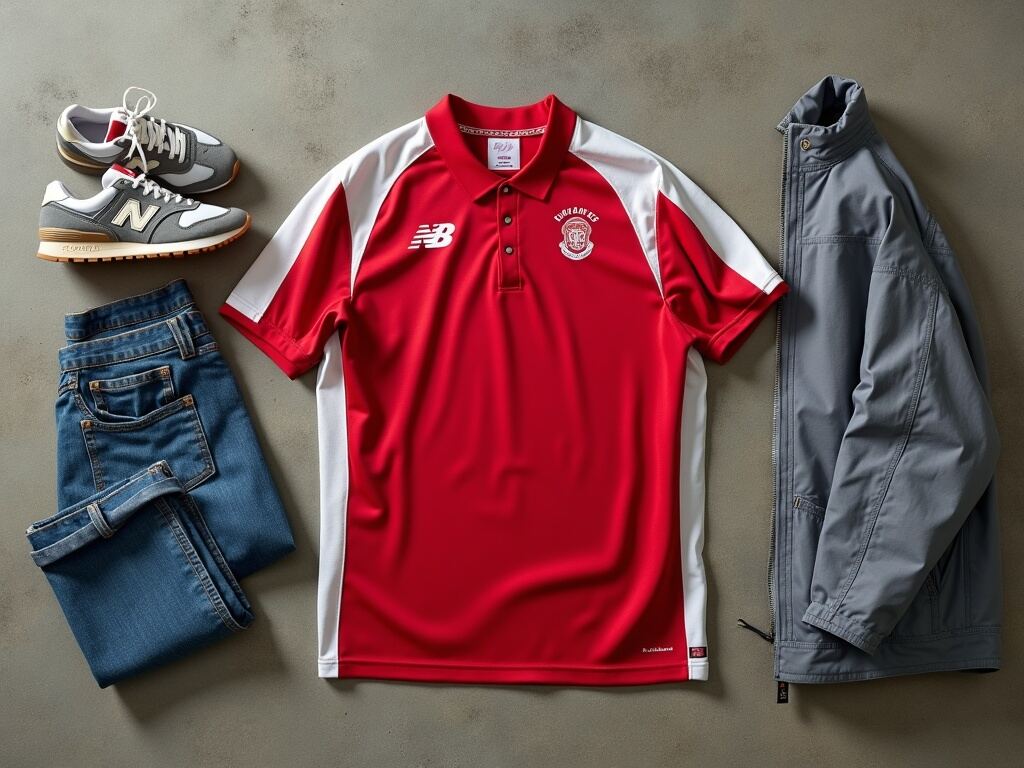 Flat lay bloke core style maillot foot rétro années 90 avec jean brut et New Balance 991