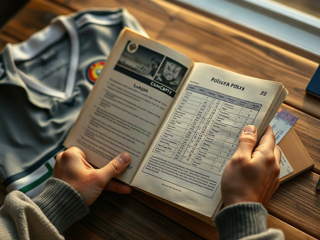 Stary program meczowy z tabelą tytułów mistrzowskich obok koszulki Rakowa Częstochowy