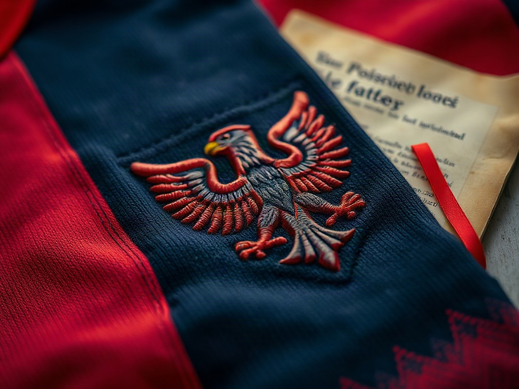 Zbliżenie naszytego herbu na zabytkowej koszulce Rakowa Częstochowa - gruby haft orła na bawełnianej tkaninie