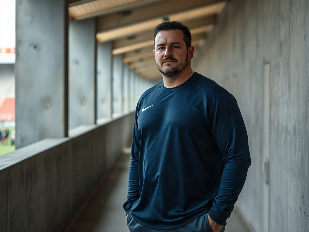 Kibic w granatowej koszulce piłkarskiej z luźnym krojem fit-loose na korytarzu stadionu