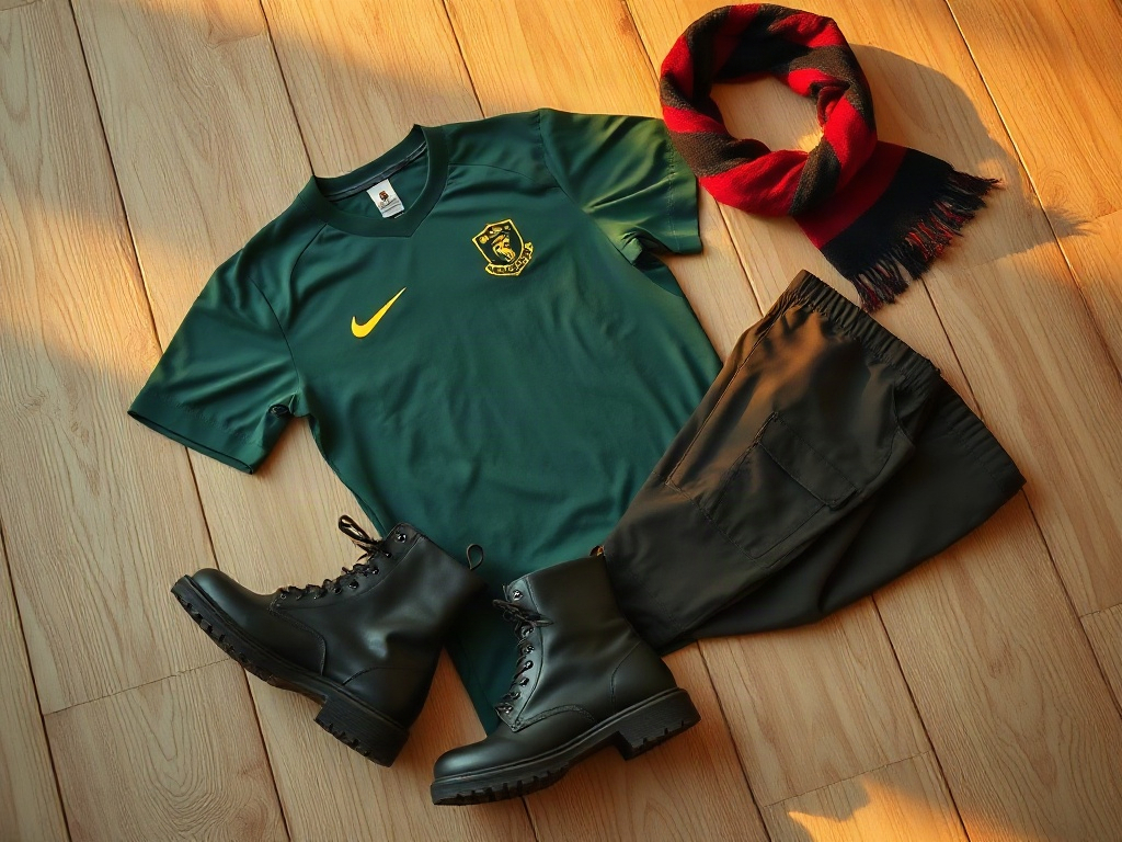 Flat lay stylizacji wieczorowej z zielonym jerseyem konceptowym, cargo i chunky boots