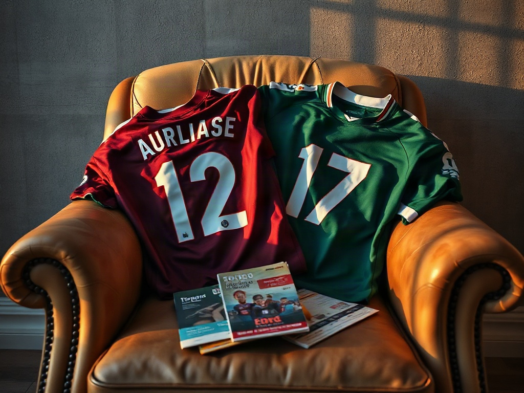 Dwie koszulki piłkarskie z personalizowanymi nadrukami rozłożone na skórzanym fotelu obok starych biletów meczowych