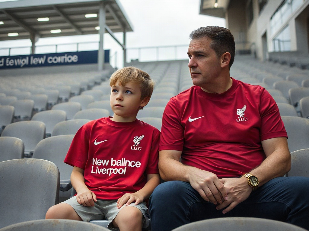 Ojciec i syn na trybunach w koszulkach Liverpool FC New Balance