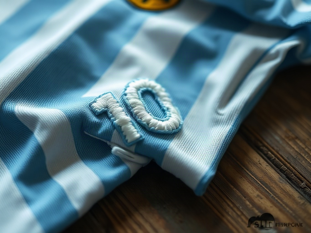 Zbliżenie na haft numeru 10 na błękitno-białej koszulce konceptowej Argentyny