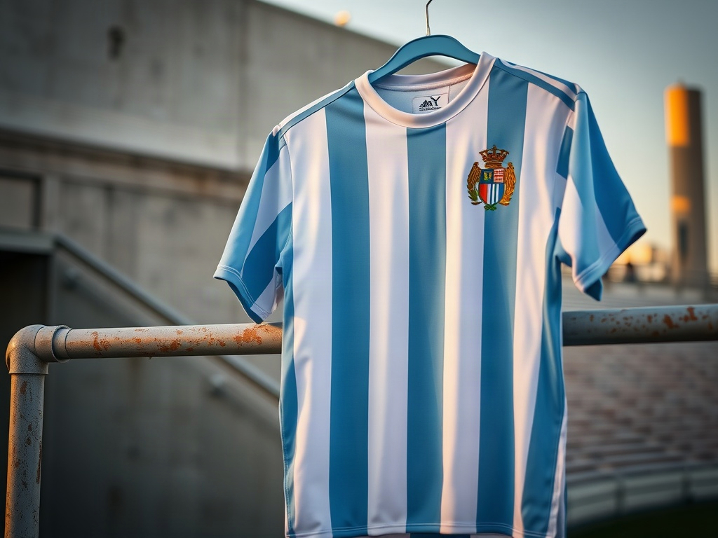 Koszulka konceptowa Argentyny zawieszona na metalowej barierce stadionu w złotym świetle wieczoru