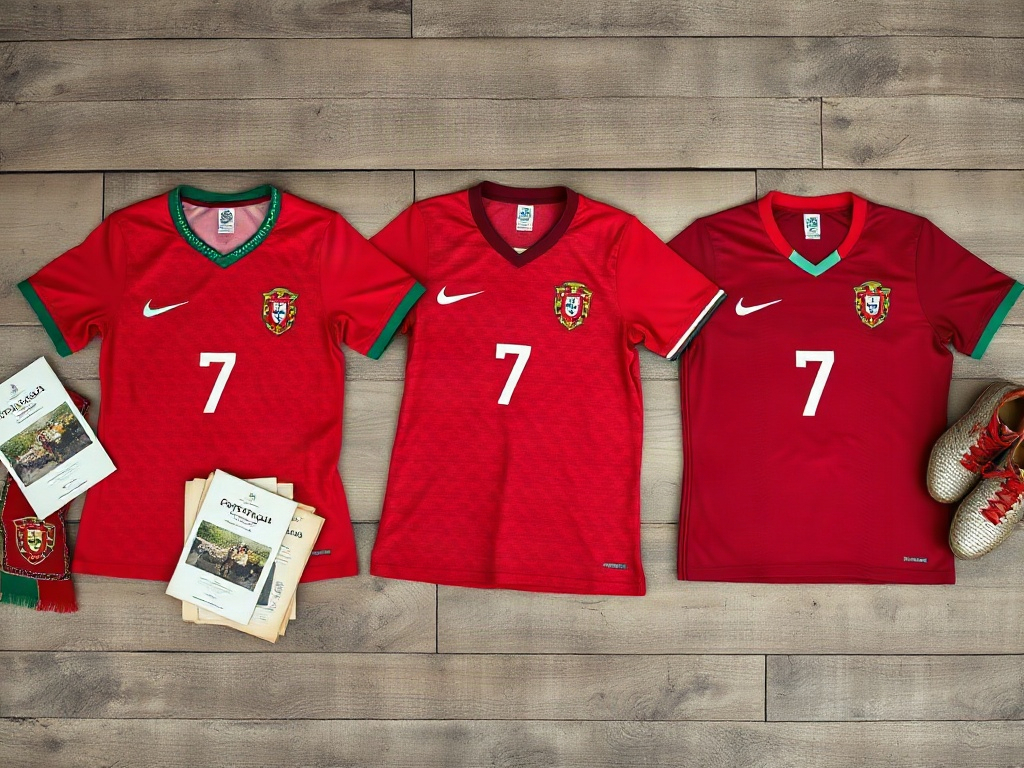 Trzy koncepty koszulki Portugalia z różnych epok ułożone obok siebie na drewnianej powierzchni