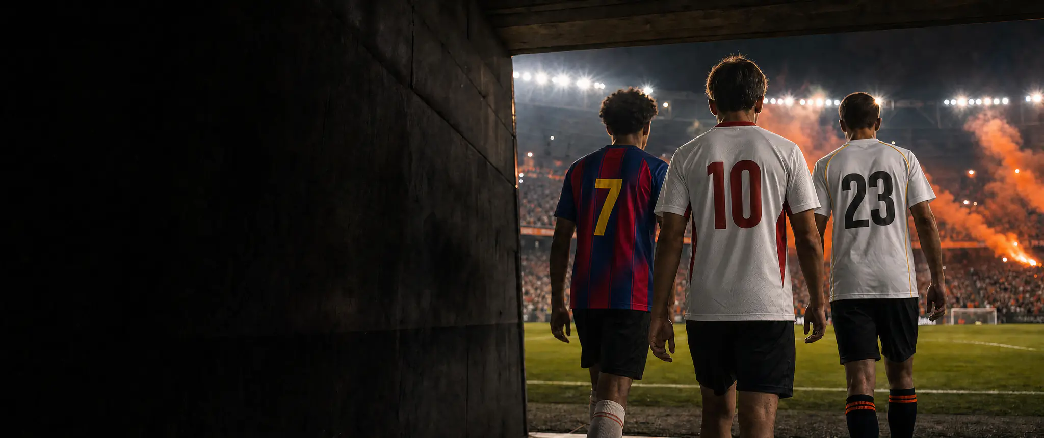 Trzech zawodników od tyłu w koszulkach FC Barcelona, Polska i Real Madryt wychodzi nocą z tunelu stadionu